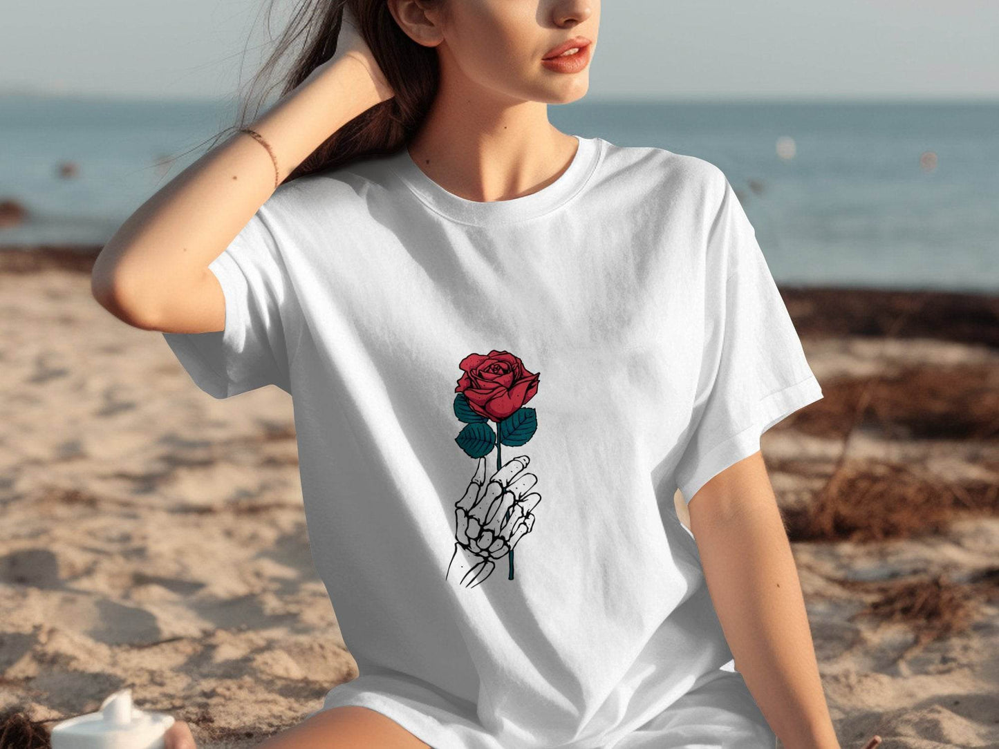 Skeletal Hand Holding Red Rose Floral Design T-Shirt - Design & Vybe