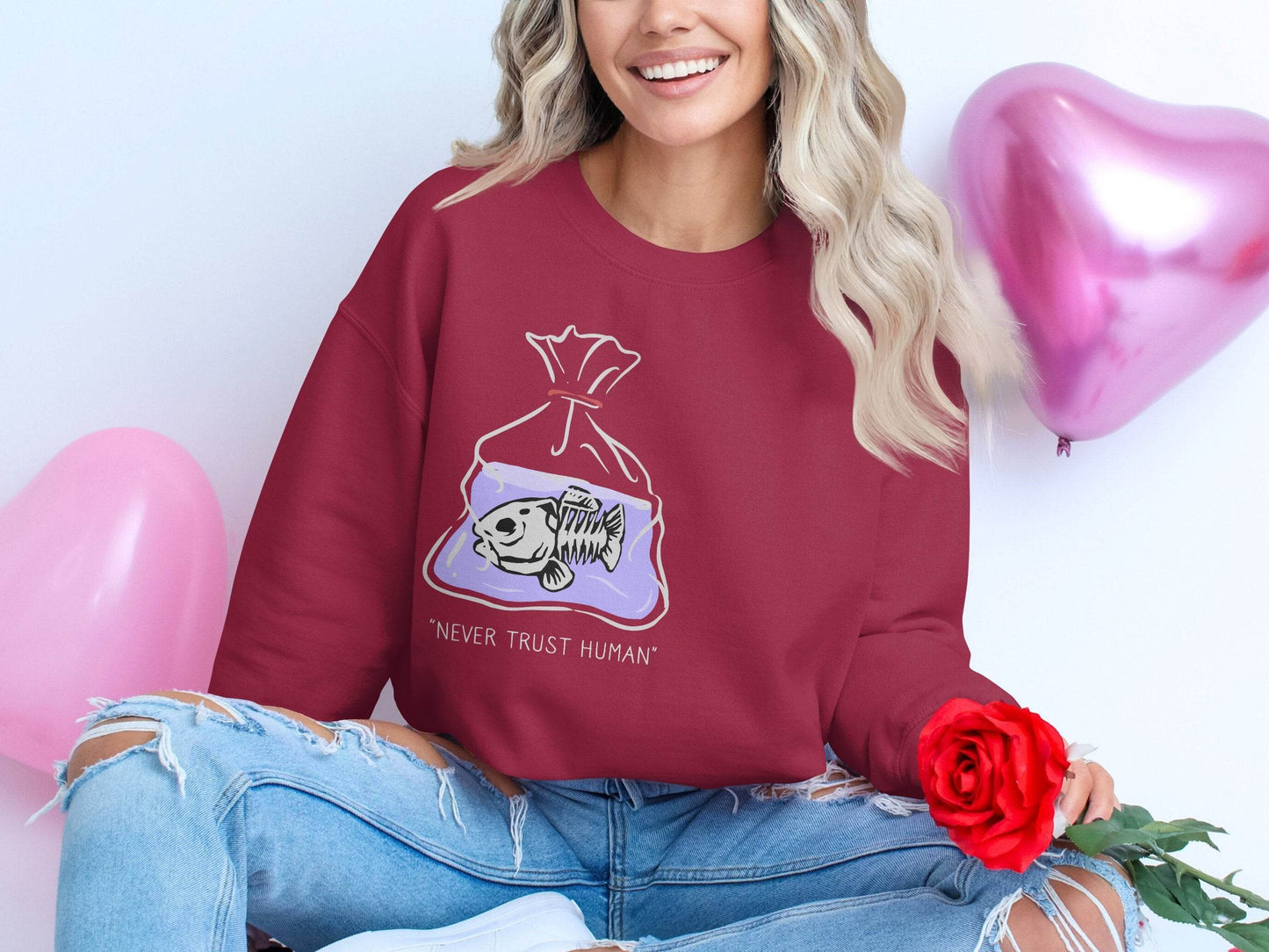 Never Trust Human Fish Skeleton Plastic Bag Design Sweater - Design & Vybe