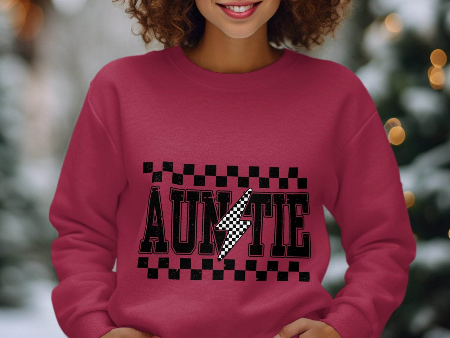 Auntie with Checkered Lightning Bolt Graphic Sweater - Design & Vybe