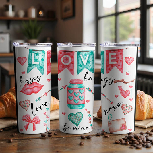 Valentine Banner With Hearts Kisses And Love Themed Tumbler - Design & Vybe