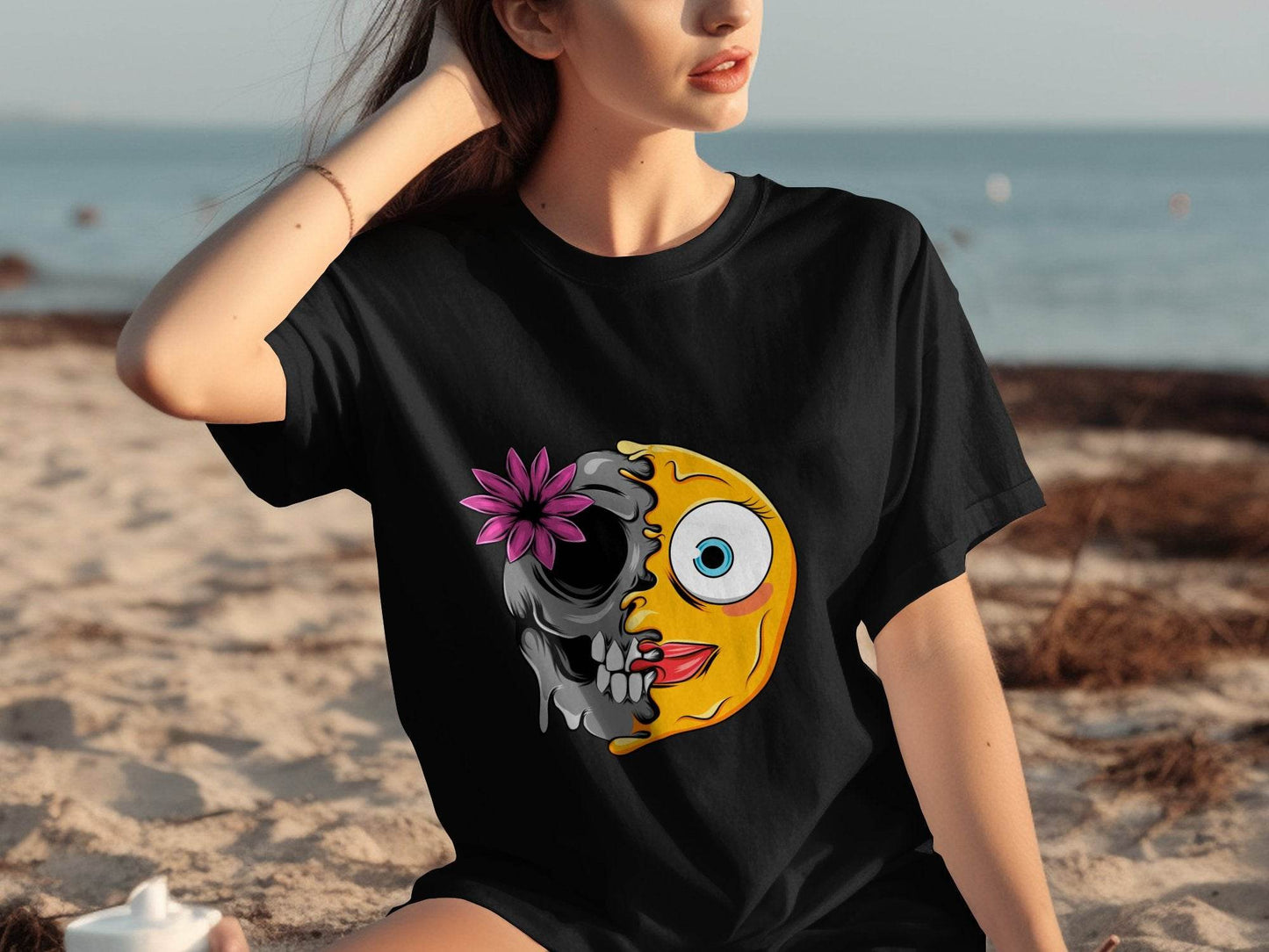 Half Skull and Happy Face Smiley Design T-Shirt - Design & Vybe