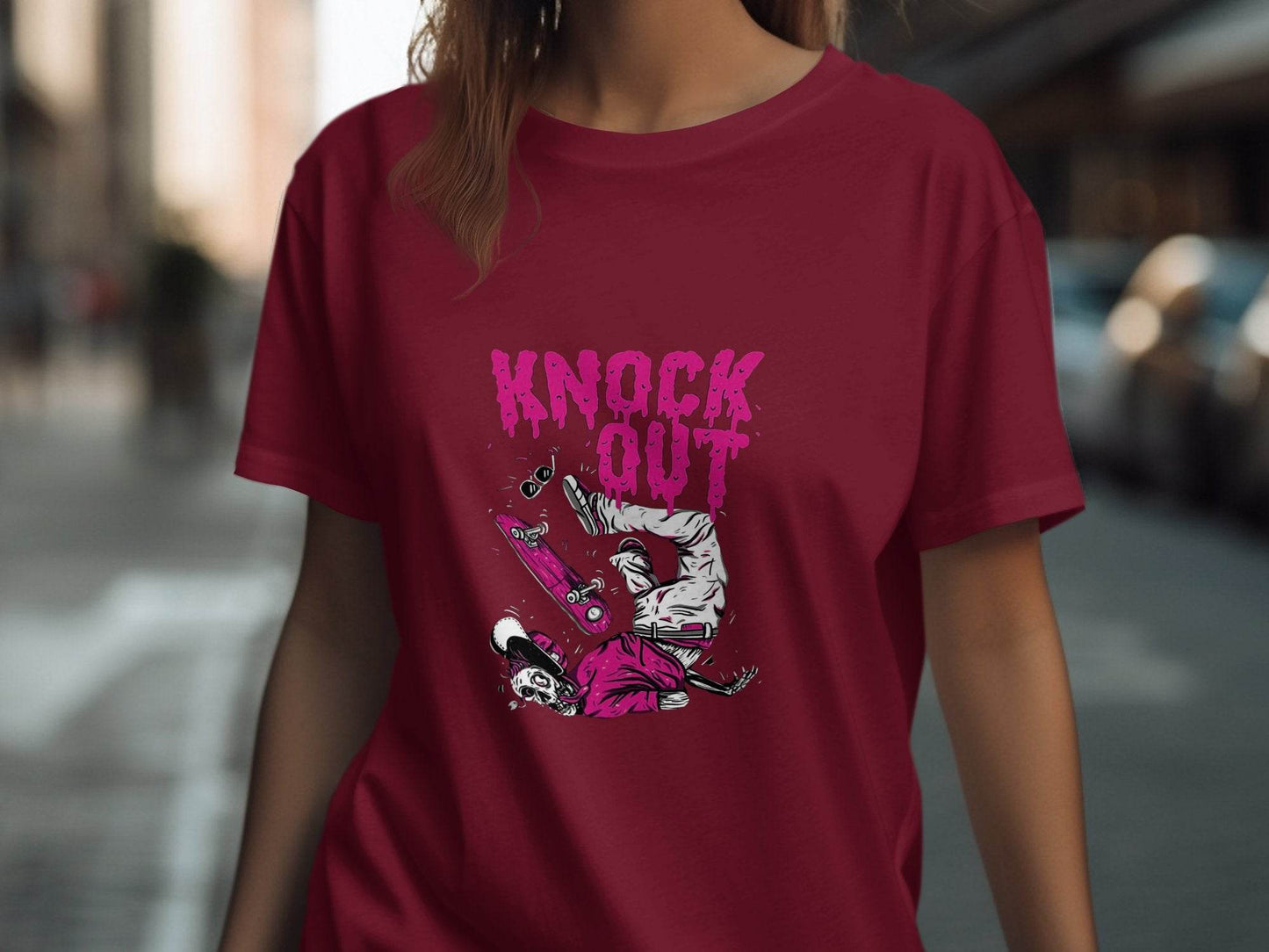 Knock Out Skateboarding Skeleton Illustration Art T-Shirt - Design & Vybe