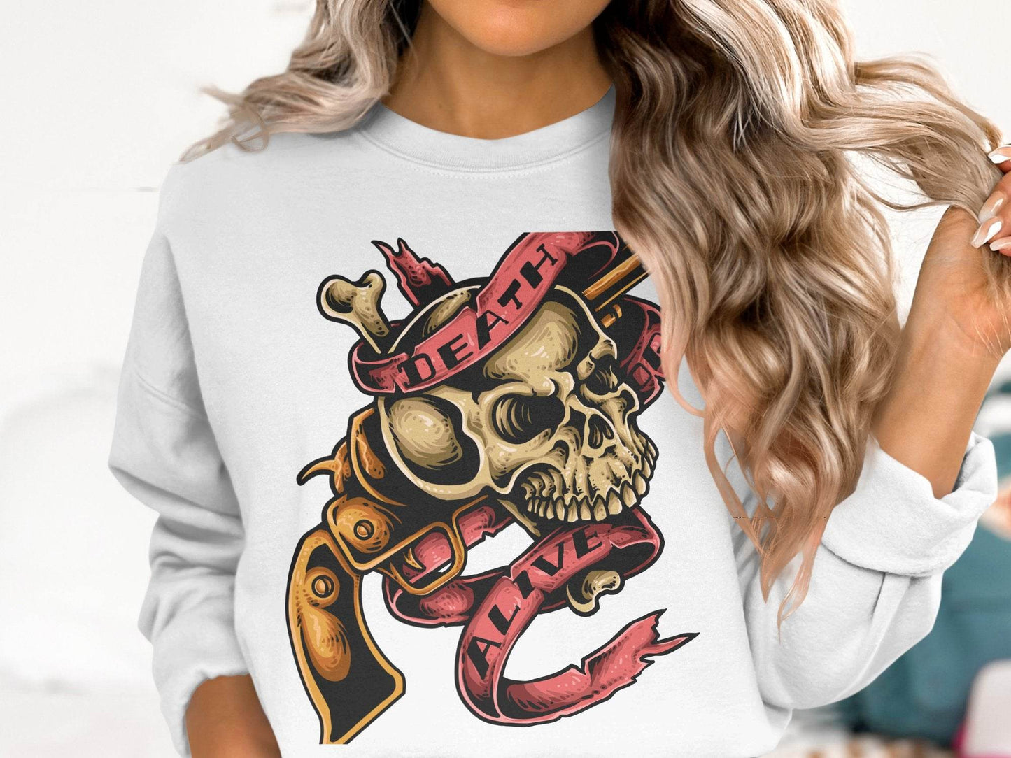 Vintage Death or Alive Skull and Gun Graphic Sweater - Design & Vybe