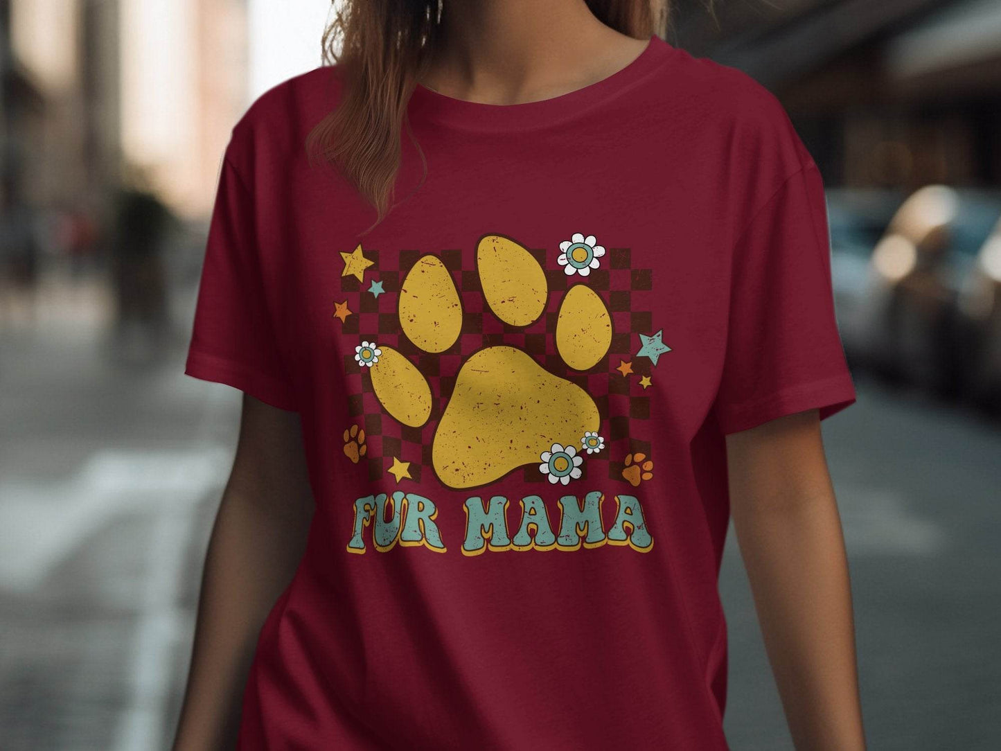 Fur Mama Paw Print Stars Flowers Checkered Pattern T-Shirt - Design & Vybe