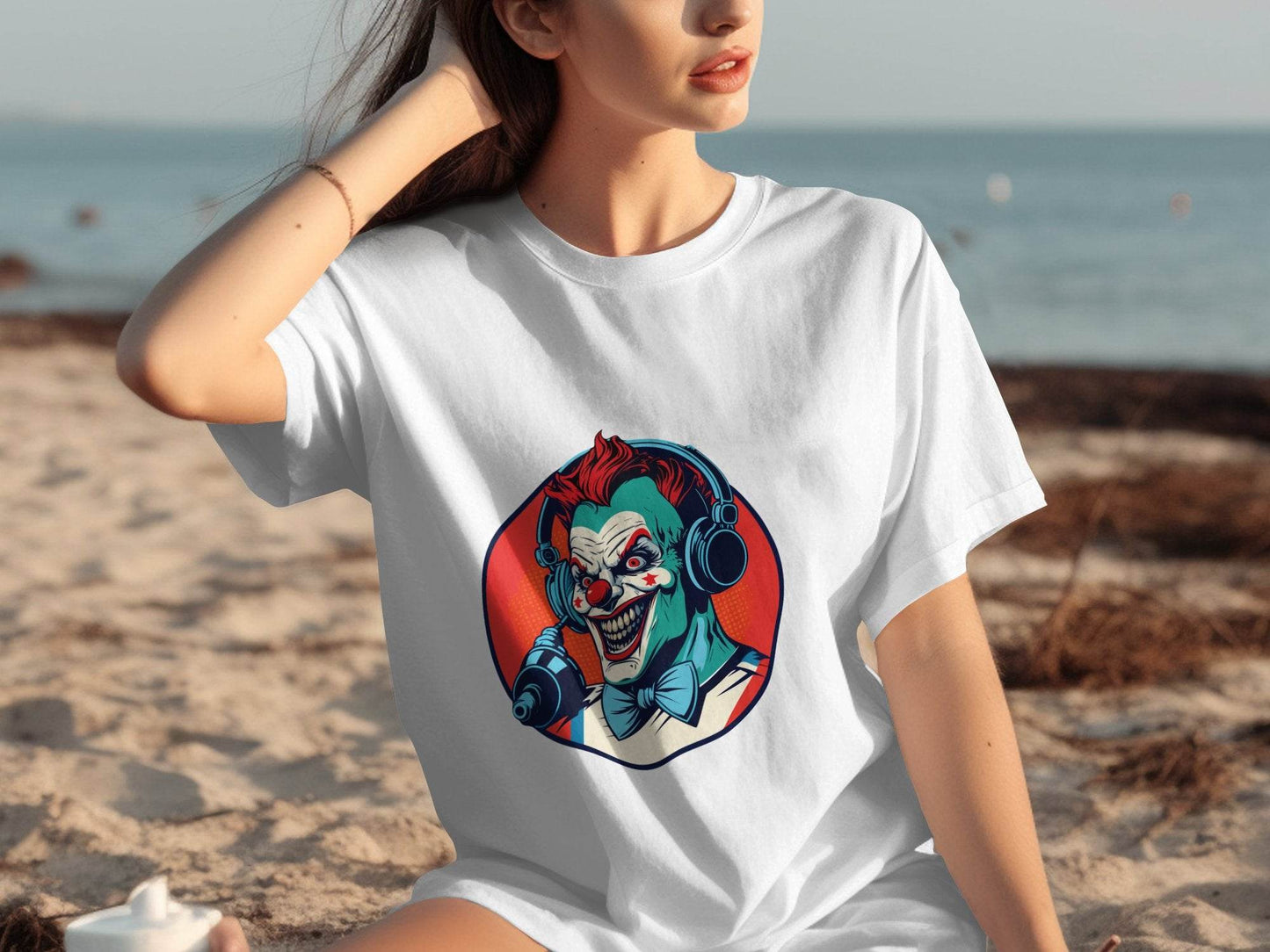 Evil Clown with Headphones Graphic Design Funny T-Shirt - Design & Vybe