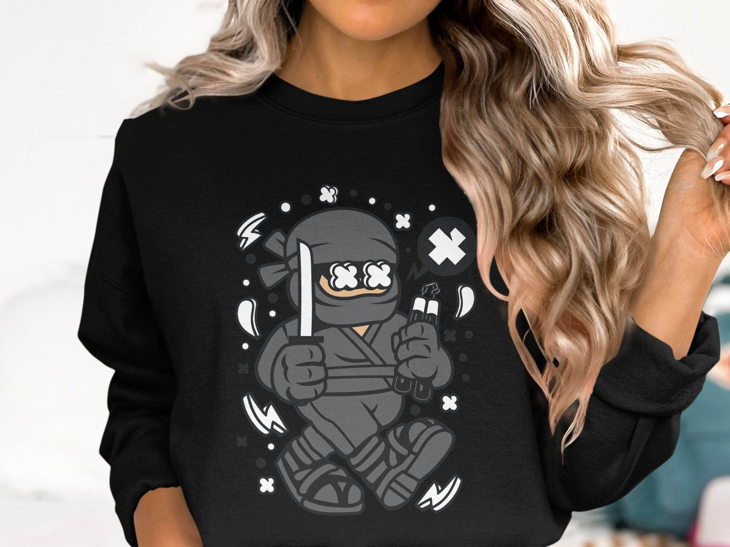 Ninja Cartoon Character with Nunchucks Graphic Sweater - Design & Vybe