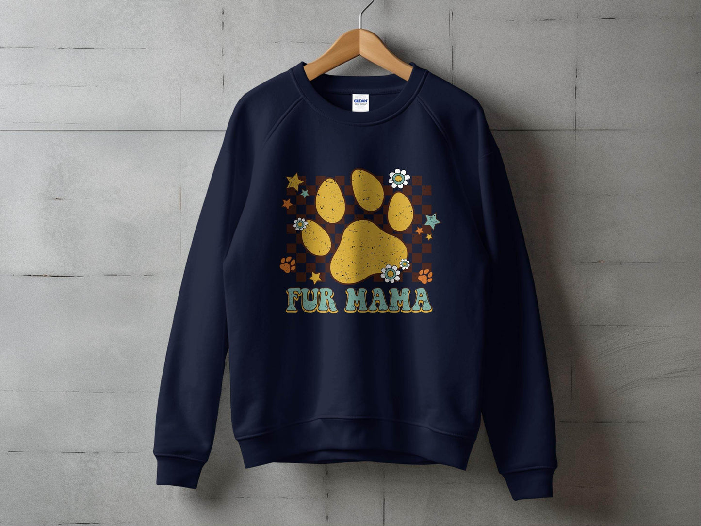 Fur Mama Paw Print Stars Flowers Checkered Pattern Sweater - Design & Vybe