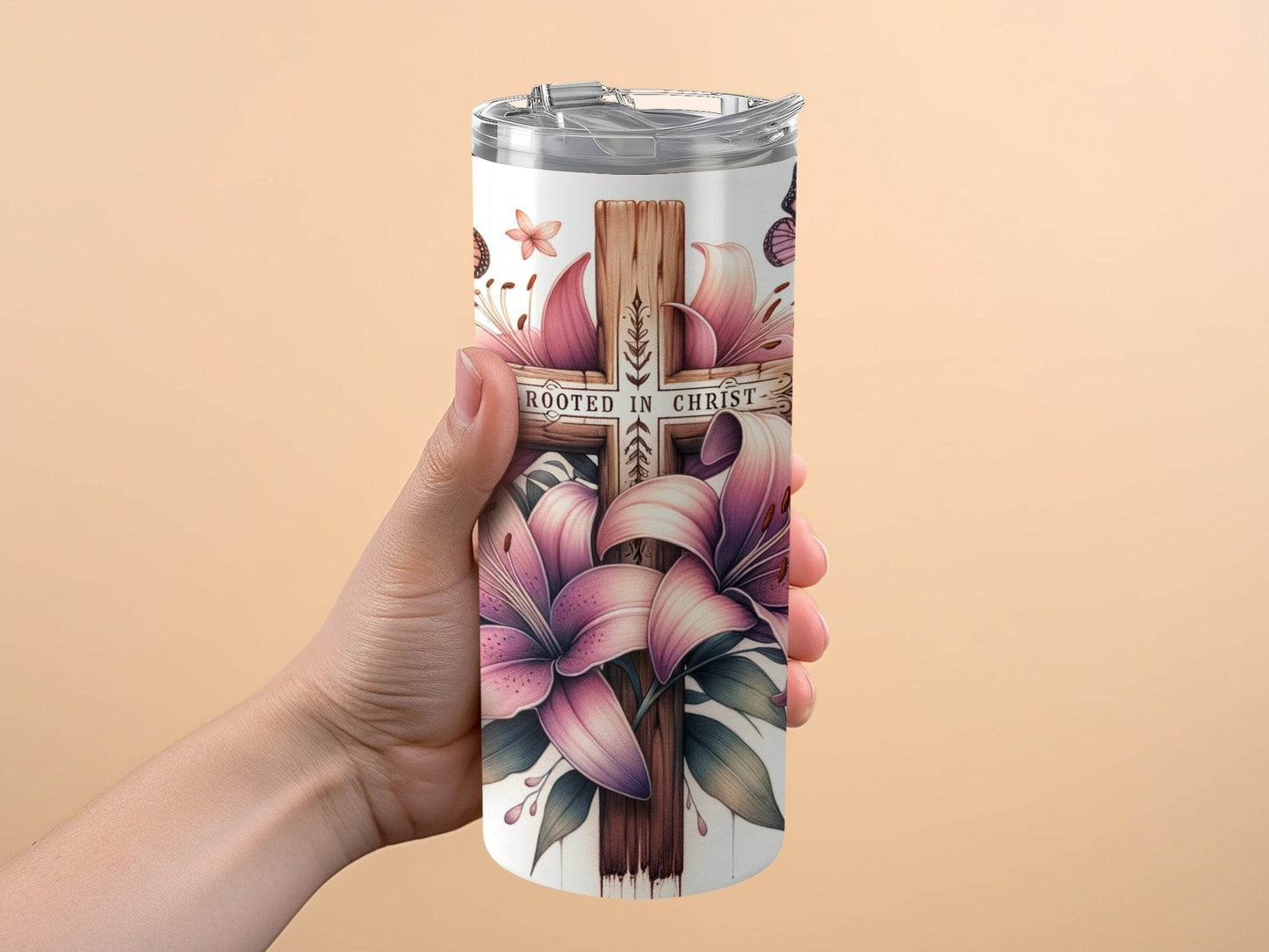 Rooted in Christ Lily and Butterfly Floral Design Tumbler - Design & Vybe