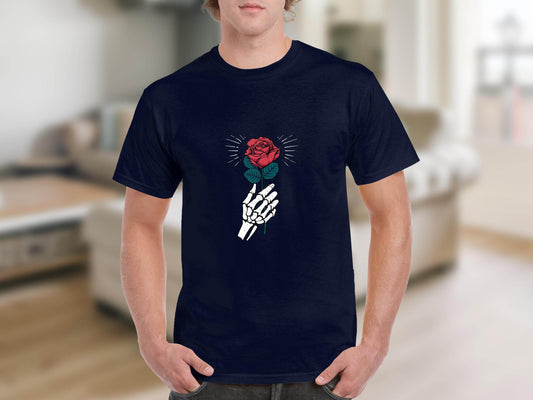 Skeletal Hand Holding Red Rose Floral Design T-Shirt - Design & Vybe