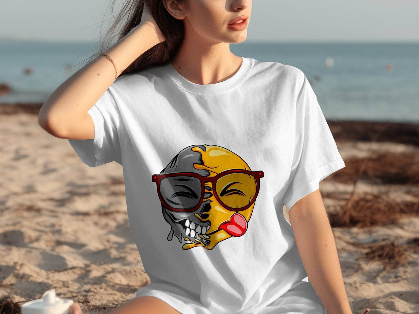 Creative Split Face Design with Bold Red Sunglasses Smiley T-Shirt - Design & Vybe
