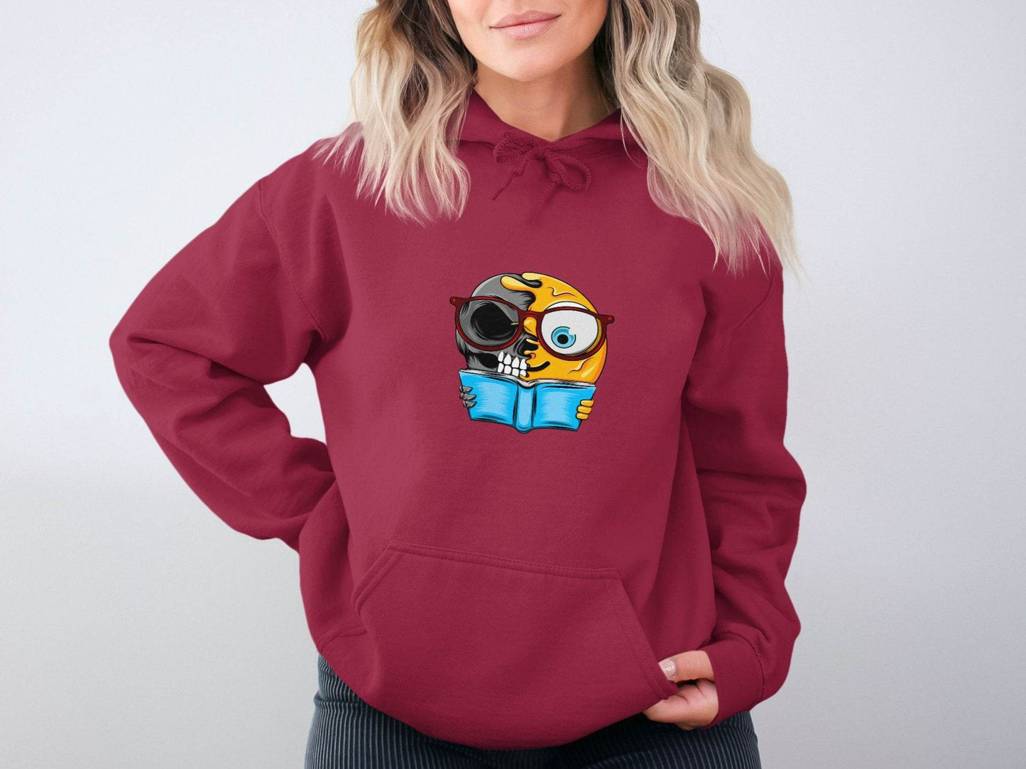 Half Skull Half Emoji Reading Book Illustration Hoodie - Design & Vybe