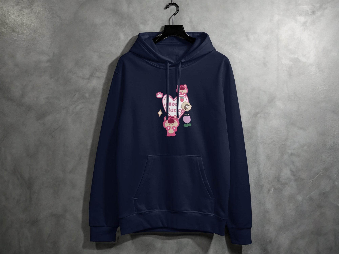 Cute Pink Bear With Good Lucky Heart Design Hoodie - Design & Vybe