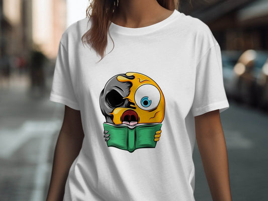 Half Emoji Half Skull Reading Book Funny Design T-Shirt - Design & Vybe