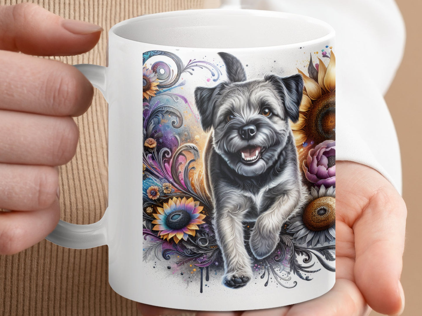 Cute Terrier with Floral Design White Mug product