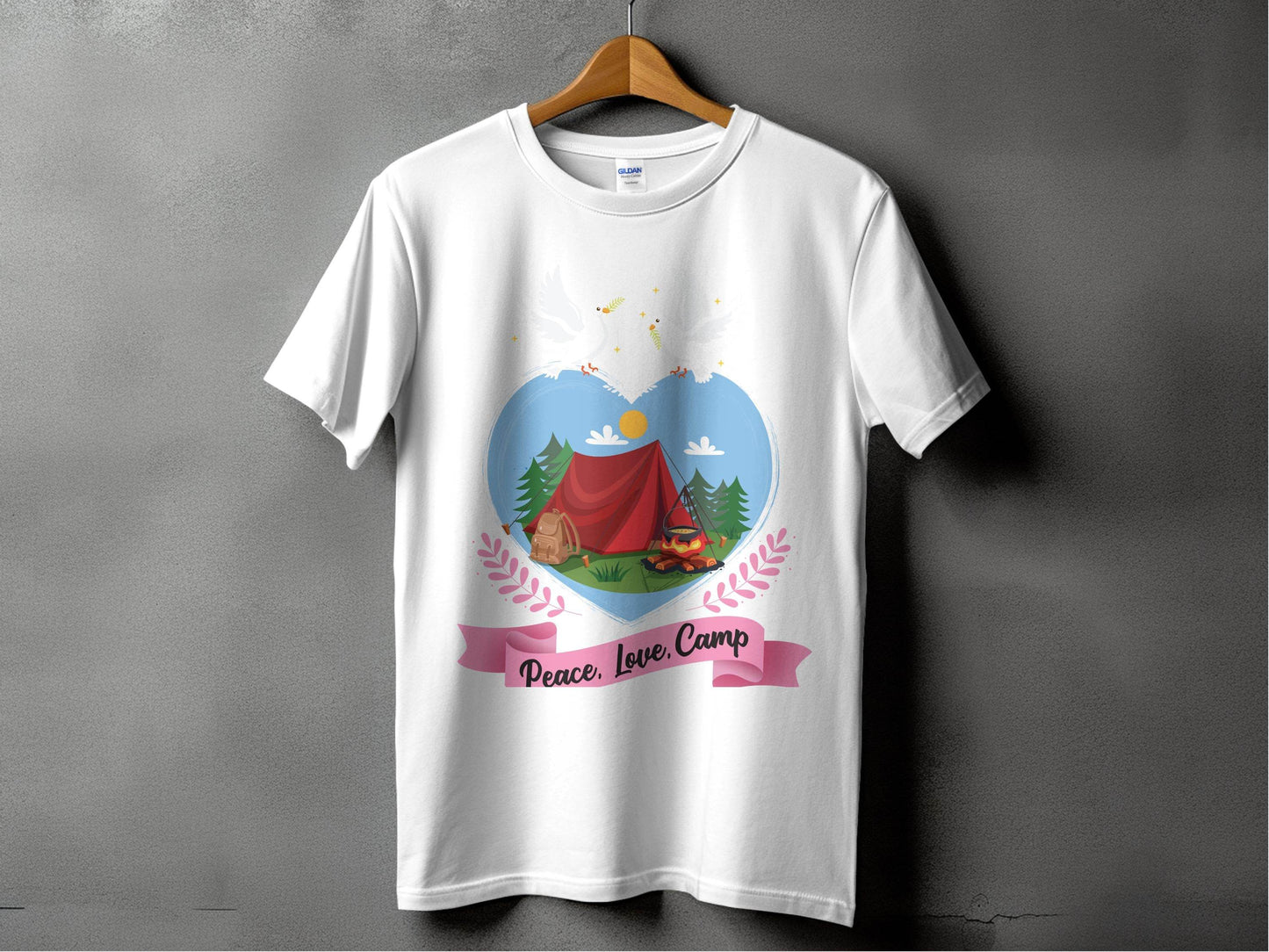 Peace Love Camp Heart and Tent Design Pigeon Art T-Shirt - Design & Vybe