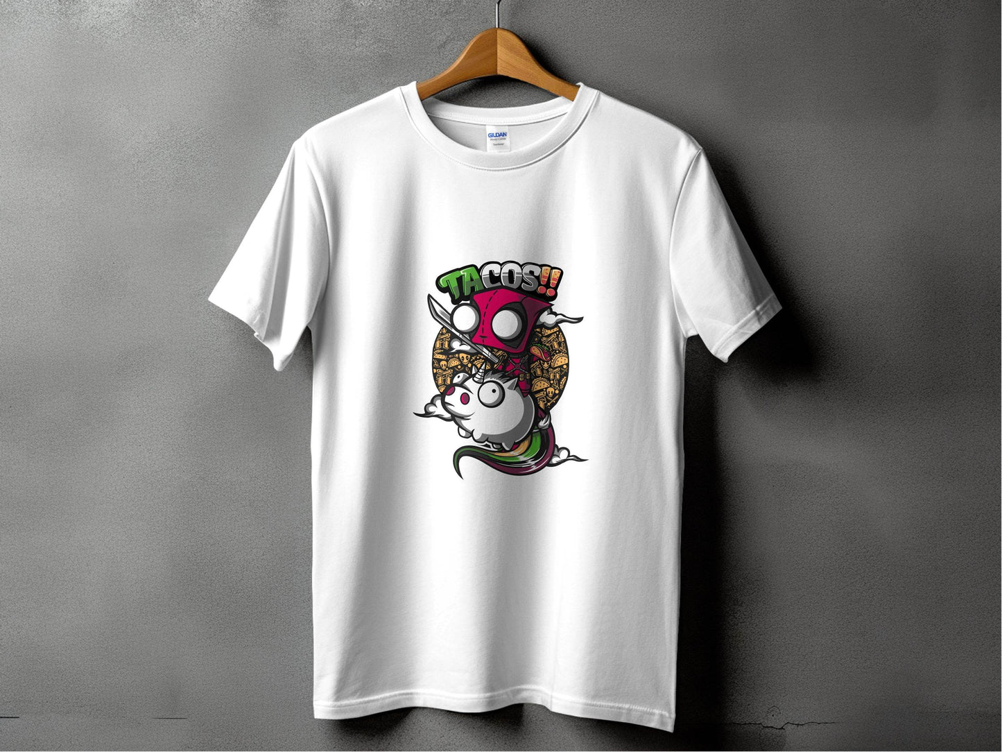 Tacos Deadpool on Unicorn Funny Character Design T-Shirt - Design & Vybe
