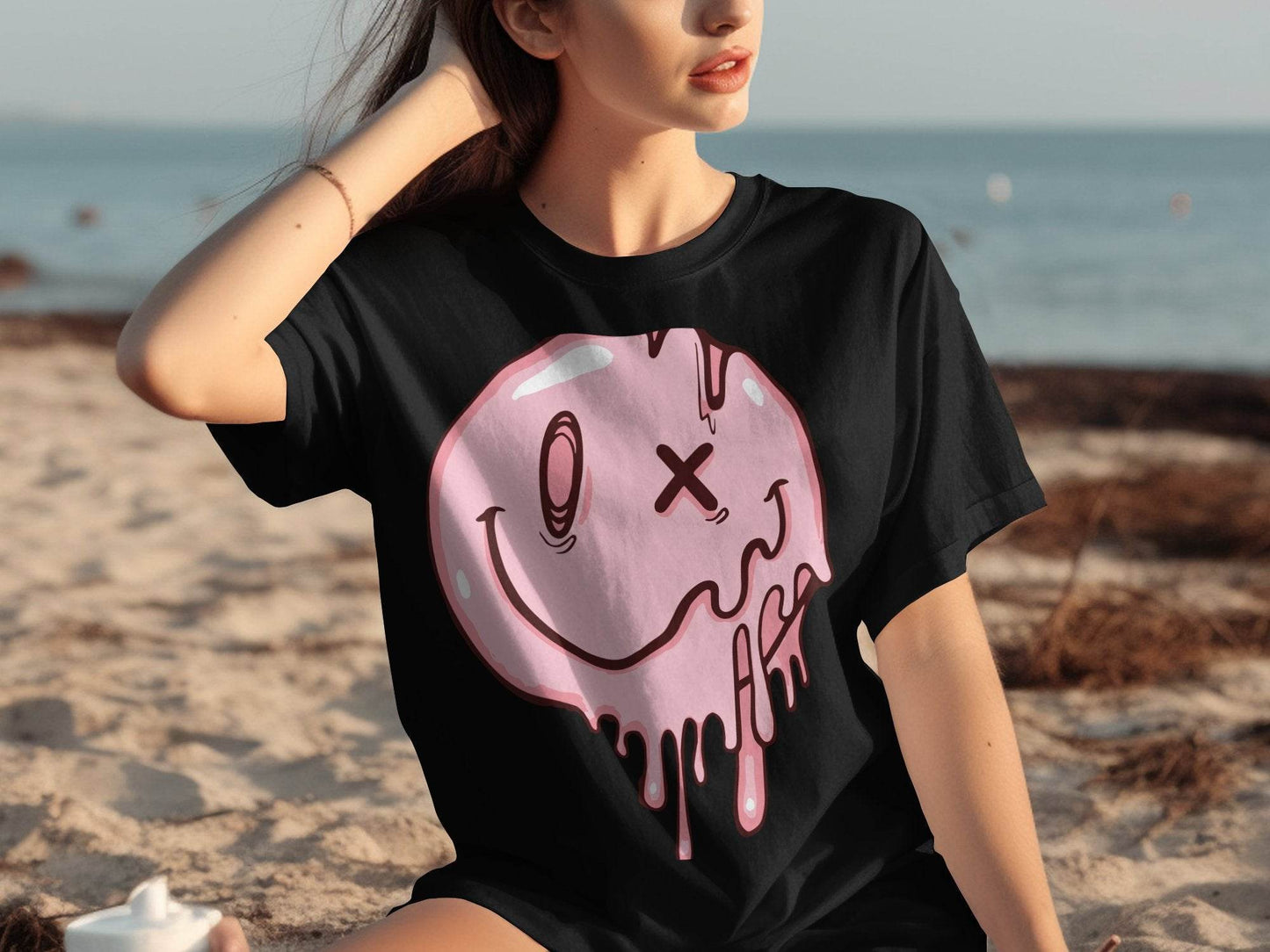 Melting Dripping Smiley Graphic Accent T-Shirt - Design & Vybe