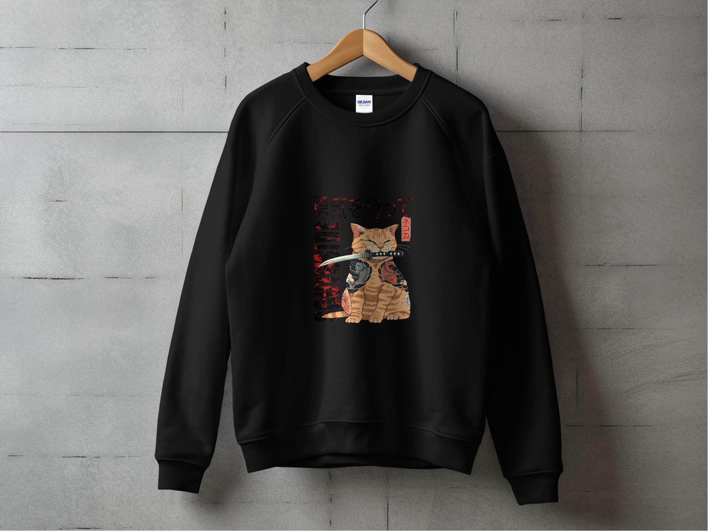 Tattooed Cat with Sword and Japanese Southside Text Design Sweater - Design & Vybe