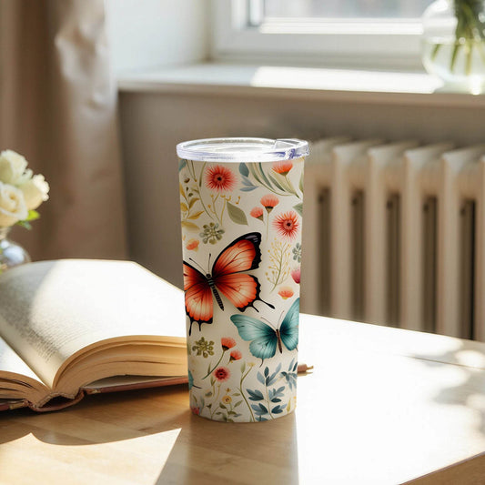 Butterflies Among Flowers Vibrant Floral Design Cute Tumbler - Design & Vybe