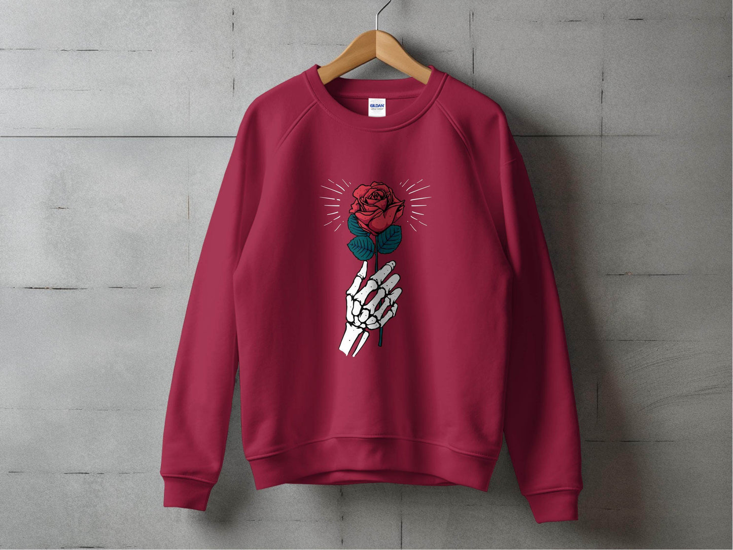Skeletal Hand Holding Red Rose Floral Design Sweater - Design & Vybe
