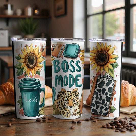 Boss Mode Sunflower Leopard Office Supplies Design Tumbler - Design & Vybe