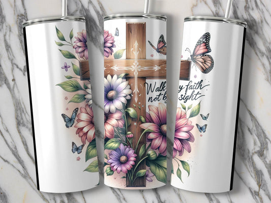 Walk By Faith Cross With Flowers And Butterflies Tumbler - Design & Vybe