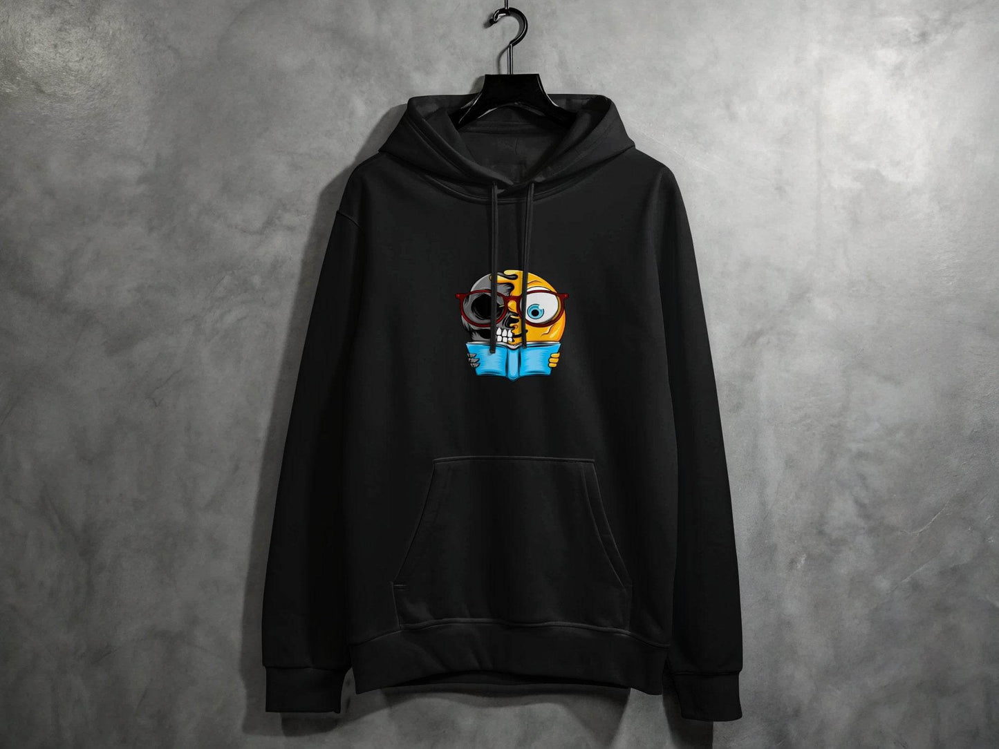 Half Skull Half Emoji Reading Book Illustration Hoodie - Design & Vybe