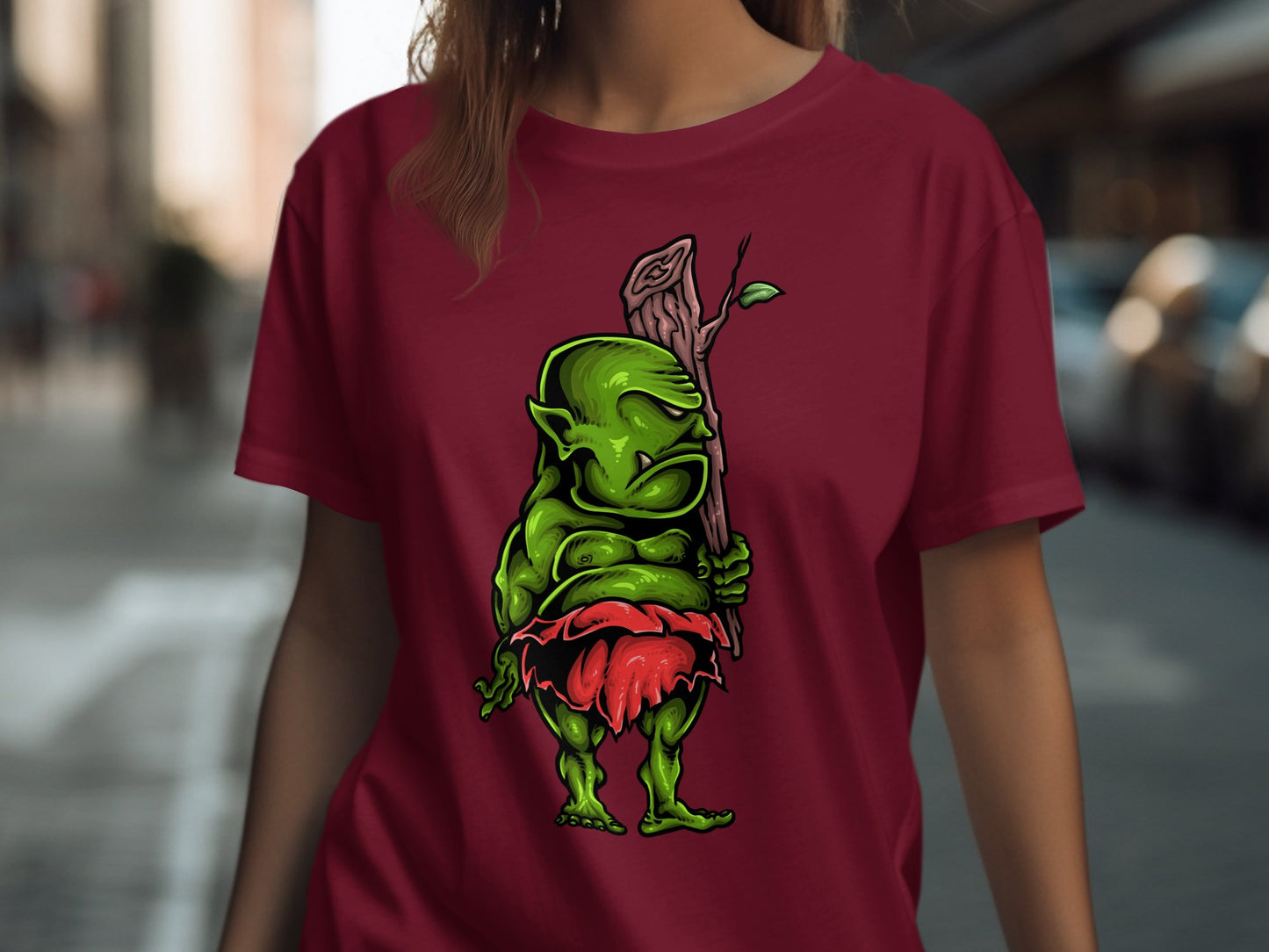 Whimsical Green Creature Red Graphic Print Shirt product type