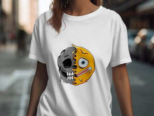 Half Emoji Half Skull Sickly Graphic Design Novelty T-Shirt - Design & Vybe