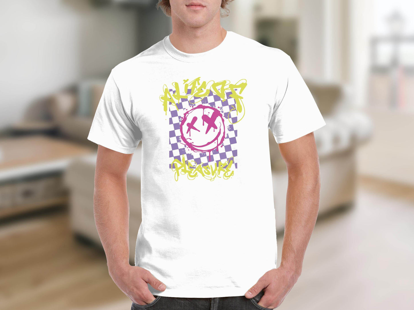 Grunge Smiley Checkered Dead Smile Graphic with Graffiti T-shirt - Design & Vybe
