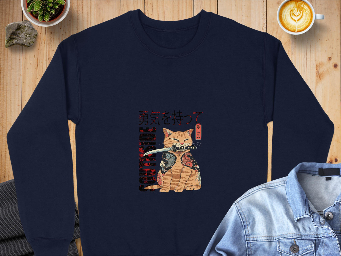 Stay Brave Samurai Cat Graphic Long Sleeve Shirt product