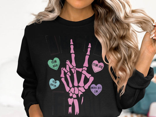 Humorous Skeleton Hand Gesture Graphic Sweater - Design & Vybe