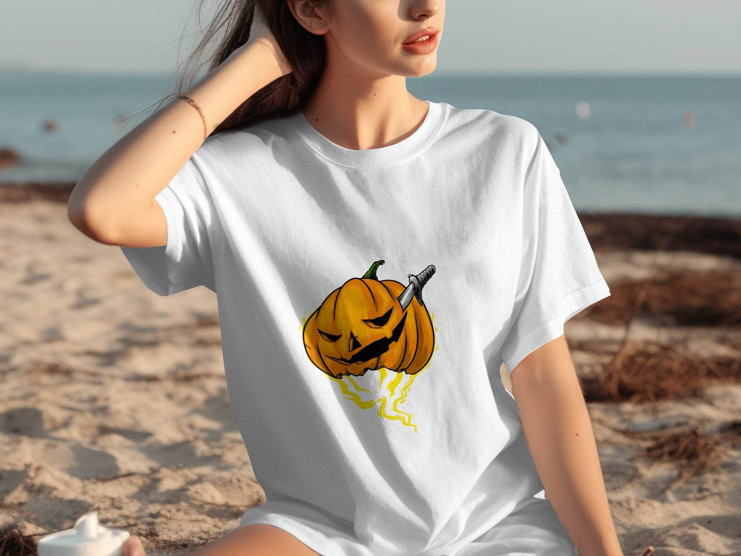 Halloween Pumpkin With Knife Illustration Design T-Shirt - Design & Vybe