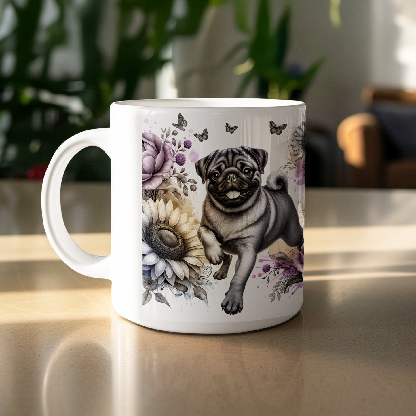 Cute Pug with Floral Design Ceramic Mug product
