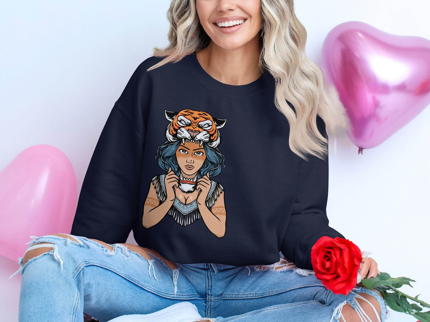 Fierce Tiger Spirit Headdress Young Woman Design Sweater - Design & Vybe