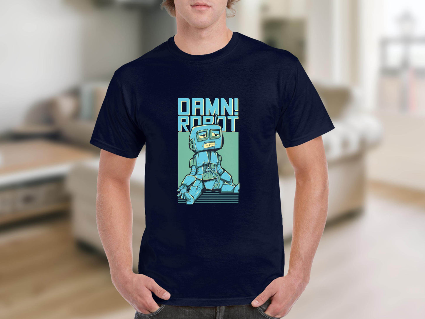 DAMN! Sad Robot Art With Greenish Backdrop Design T-Shirt - Design & Vybe