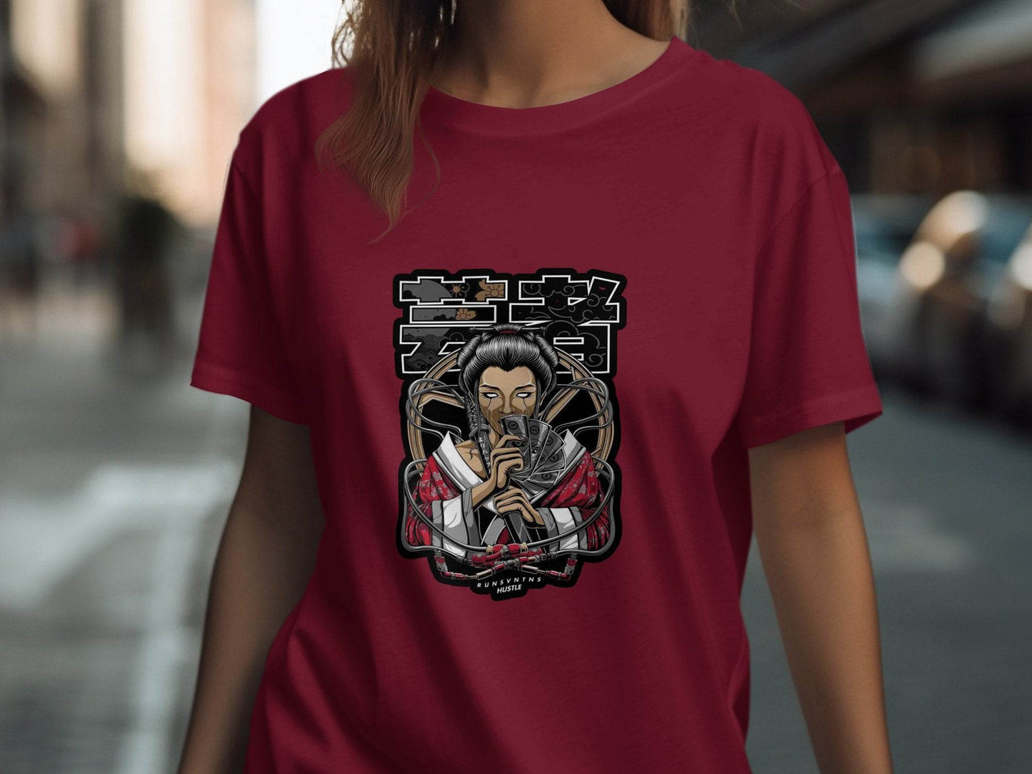 Japanese Geisha with Money Runs Vntns Hustle Print T-Shirt - Design & Vybe