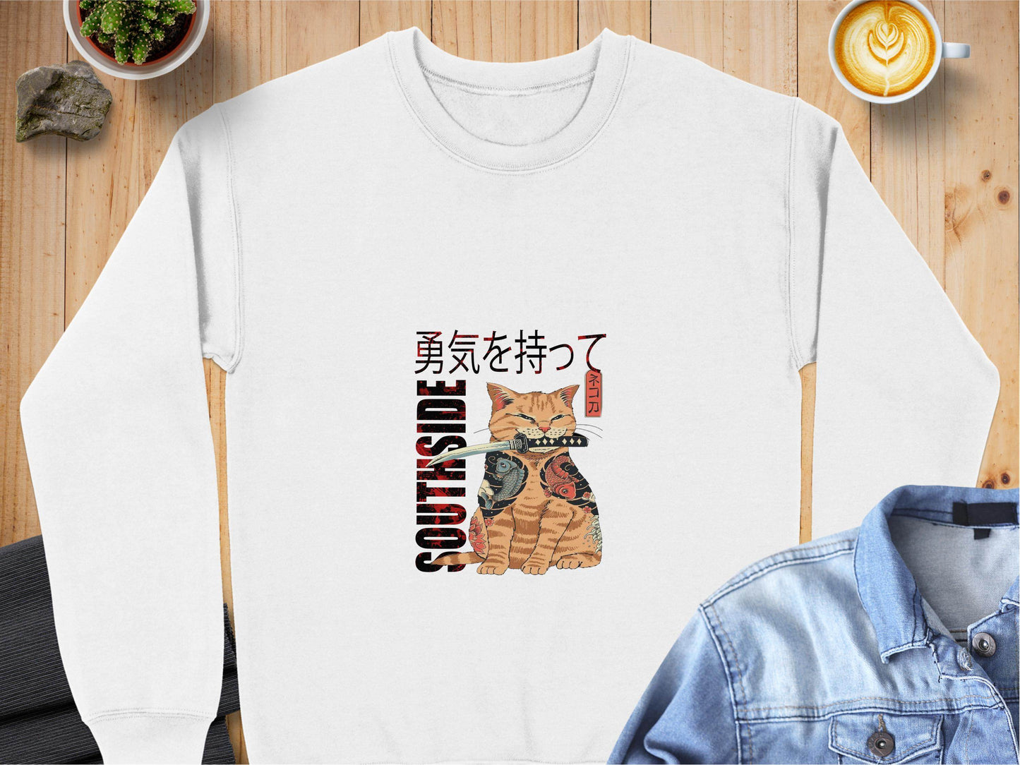 Tattooed Cat with Sword and Japanese Southside Text Design Sweater - Design & Vybe