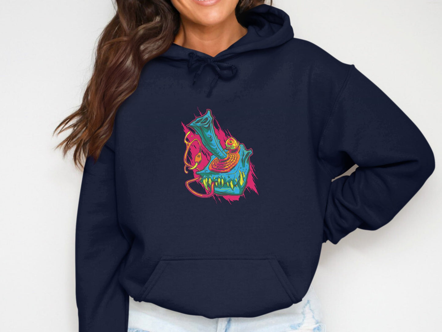 Vibrant Abstract Art Design on Navy Hooded Sweatshirt product