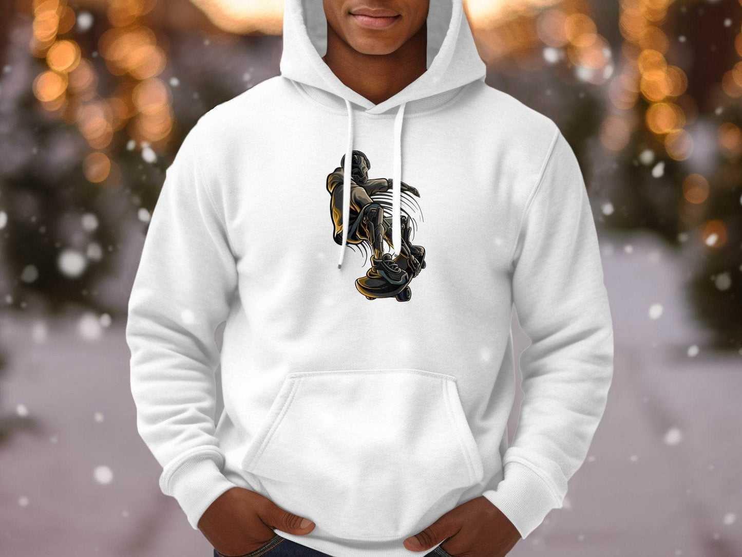 Futuristic Robot Skateboarding Graphic on Trendy Hoodie - Design & Vybe