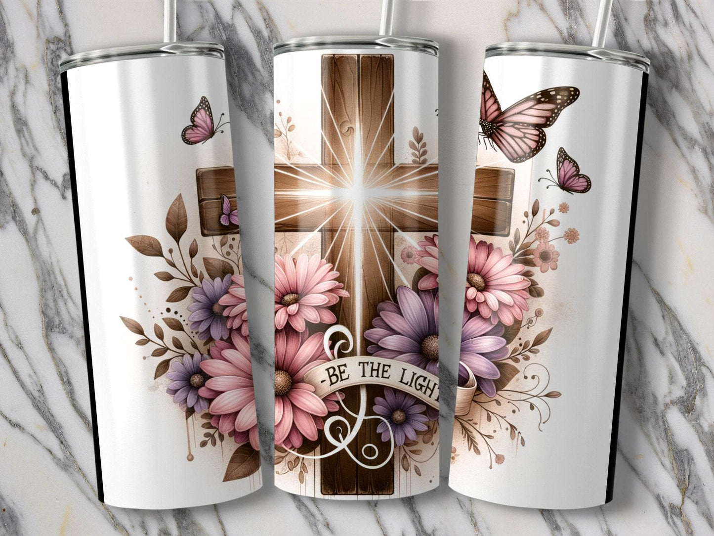 Religious Cross Butterflies Be the Light Design Tumbler - Design & Vybe