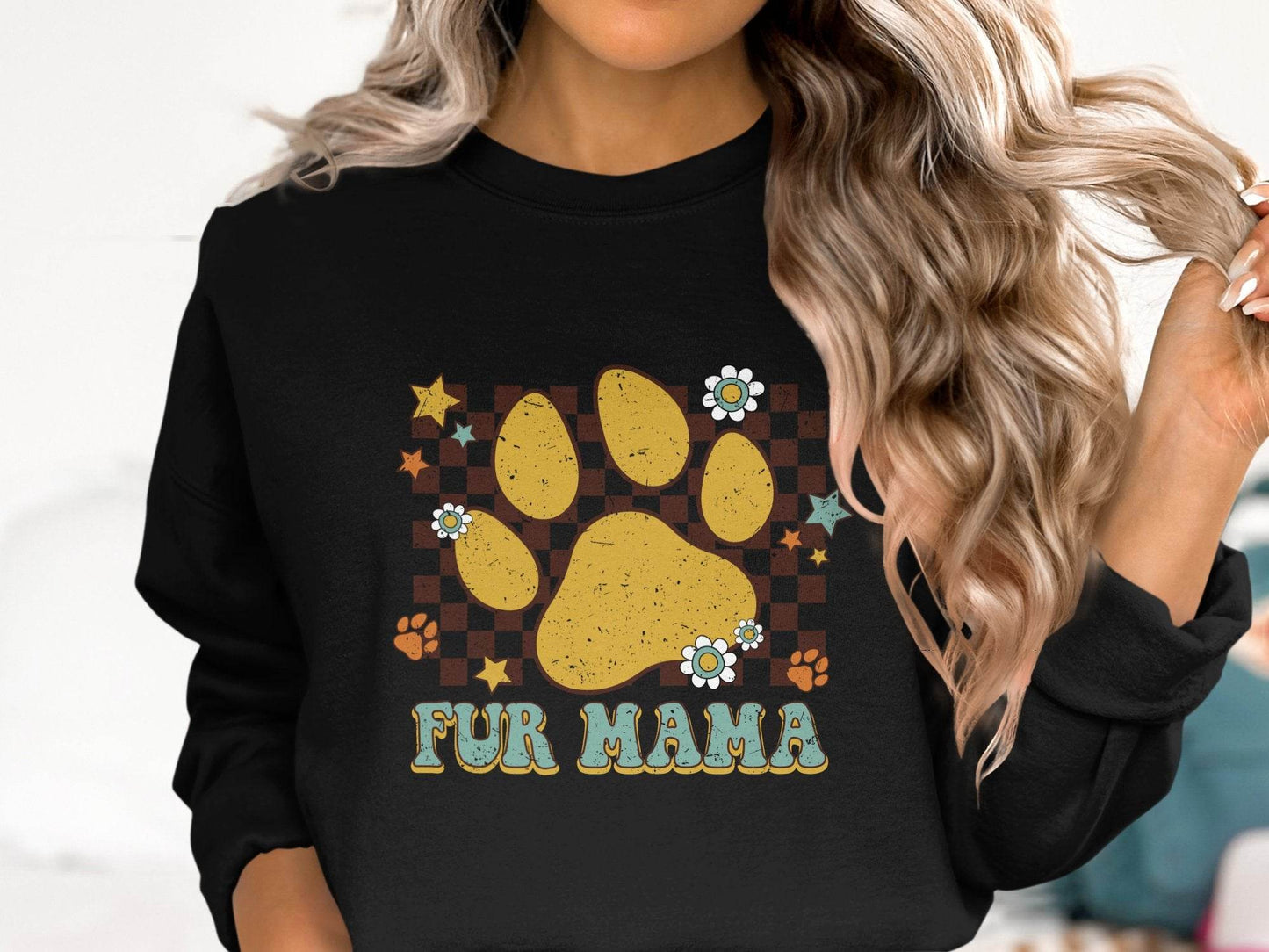 Fur Mama Paw Print Stars Flowers Checkered Pattern Sweater - Design & Vybe