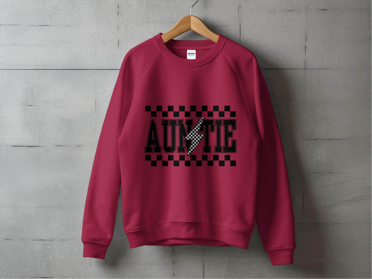Auntie with Checkered Lightning Bolt Graphic Sweater - Design & Vybe