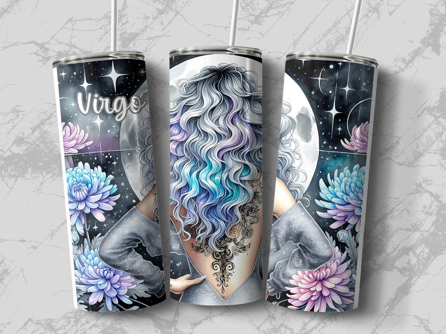 Virgo Zodiac Sign Woman Floral Back Tattoo Celestial Night Design Tumbler - Design & Vybe