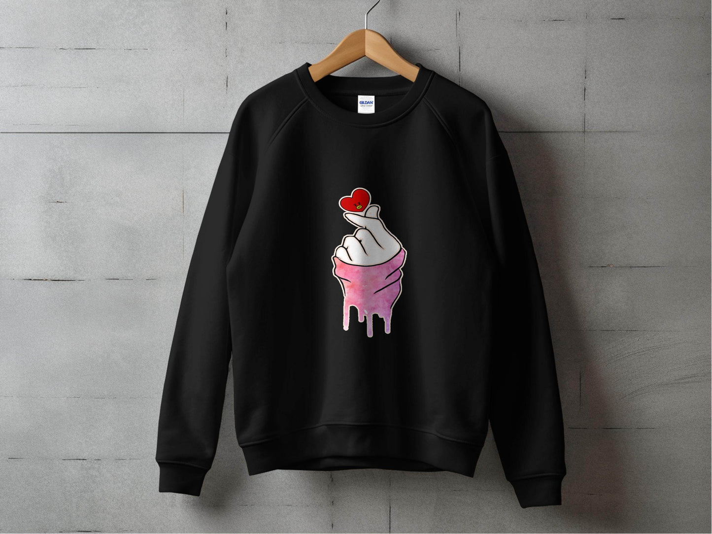 Finger Heart with a Red Heart Cartoon Drawing Sweater - Design & Vybe