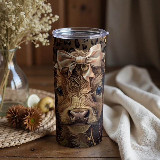 Highland Cow with Bow and Flowers Design Perfect Gift Tumbler - Design & Vybe
