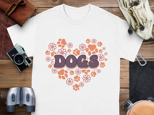 Retro Dogs Heart with Paw Prints and Flowers Design T-Shirt - Design & Vybe
