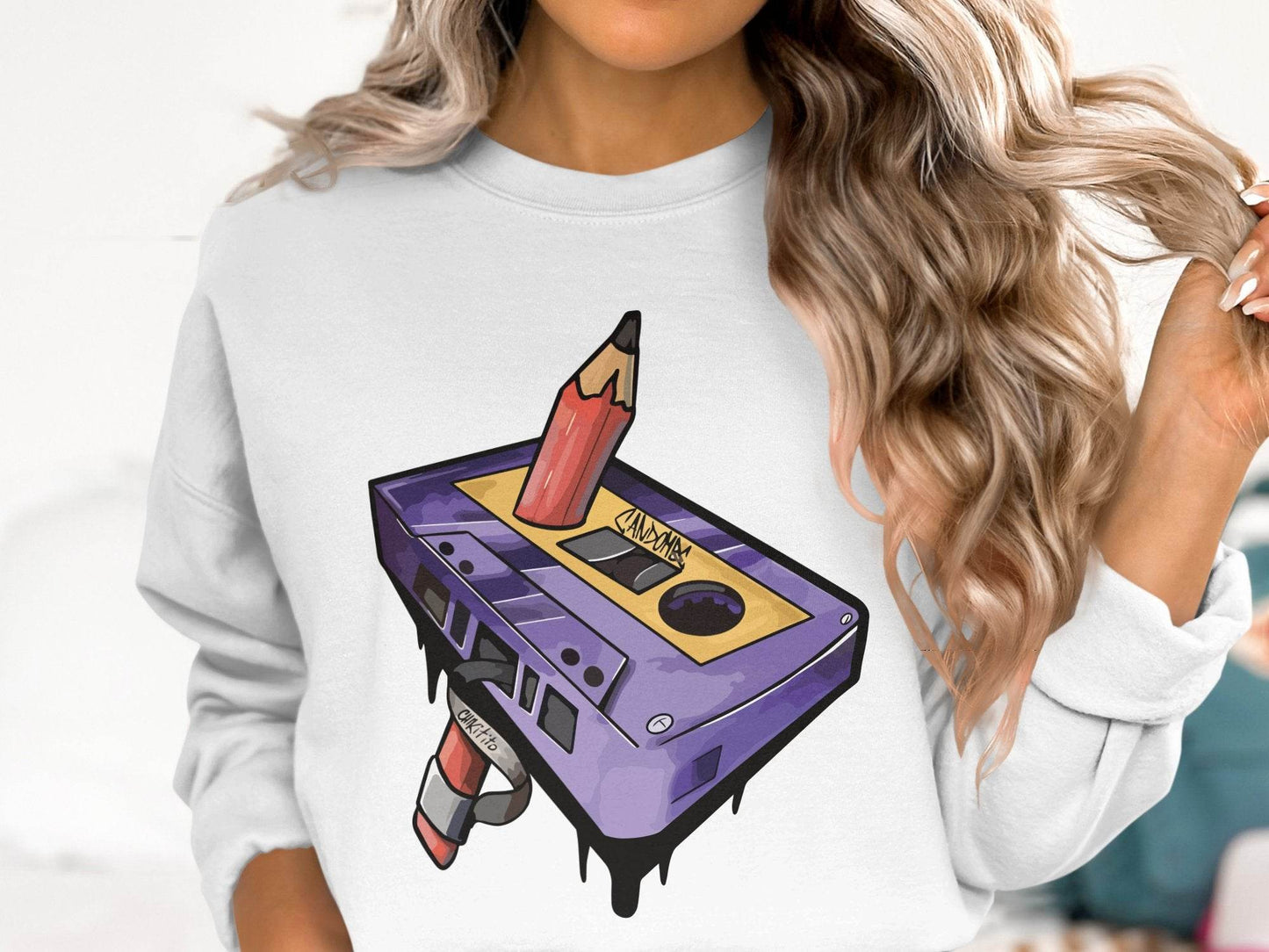 Cool Retro Pencil and Cassette Design Graphic Sweater - Design & Vybe