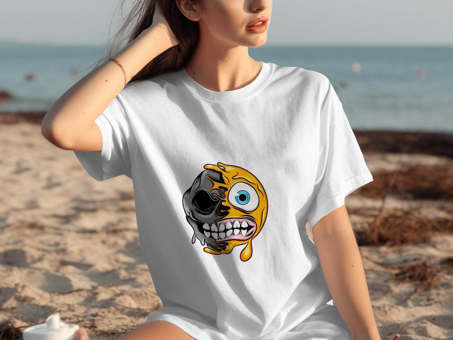 Half Skull Half Emoji With Teeth Out Vector T-Shirt - Design & Vybe