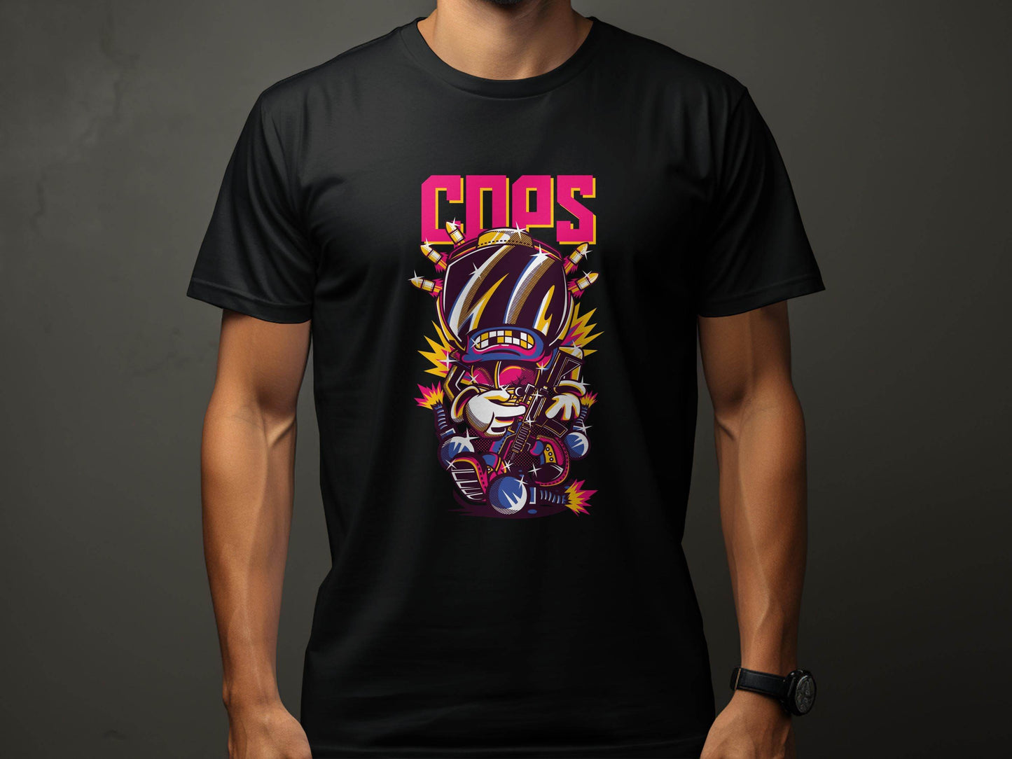 COPS Cartoon Character With Gun For Enthusiasts T-Shirt - Design & Vybe
